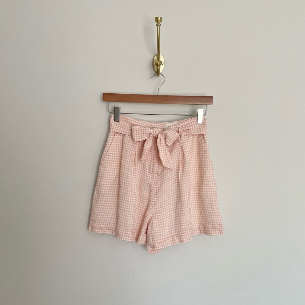 Sézane 100% linen gingham high-waisted shorts